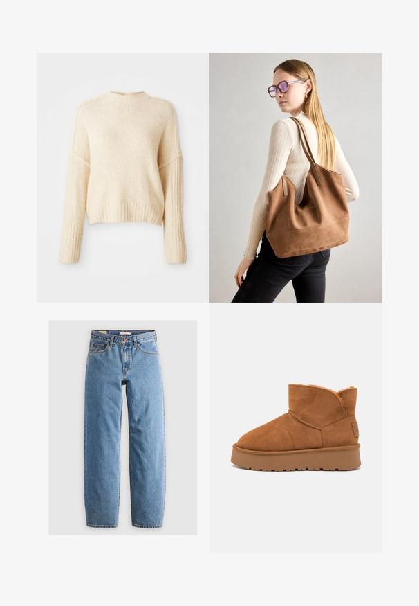 Pull en tricot couleur crème avec des poignets et un ourlet côtelés, présentant un design légèrement court et une coupe décontractée. Texture douce, sans motifs.; Jean en denim bleu clair avec une coupe droite, cinq poches, une fermeture éclair et une texture légèrement délavée. Style classique avec peu de matériel.; Bottine en suède marron avec une douce doublure en fourrure, bout arrondi et semelle en caoutchouc épaisse et texturée. Comprend des coutures surpiquées et une étiquette de marque.; Sac fourre-tout en daim marron avec une texture douce, grande ouverture et longues sangles. Présente un design simple avec des coutures visibles et sans matériel.