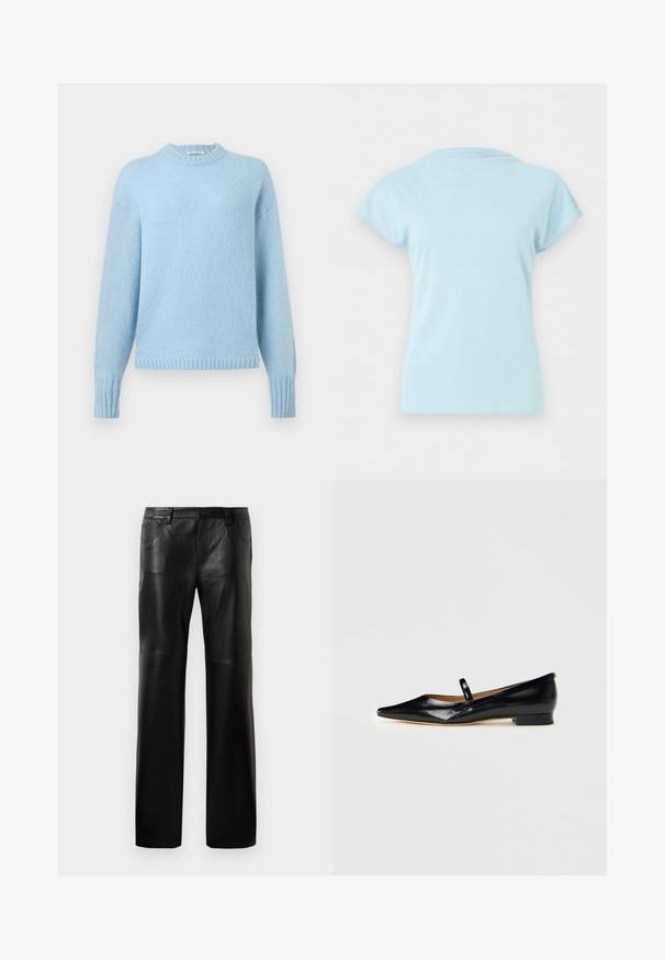 Suéter de punto azul claro con mangas largas, puños acanalados, dobladillo y cuello redondo sobre un fondo liso.; Camiseta de manga corta y cuello redondo de color azul claro, mostrada plana sin logotipos ni patrones visibles sobre un fondo blanco liso.; Pantalones de cuero negro con corte recto, que presentan una cintura con botón, cinco bolsillos y costuras visibles a lo largo de las costuras.; Zapato plano Mary Jane de punta afilada en charol negro, con una sola correa y tacón bajo sobre un fondo sencillo.