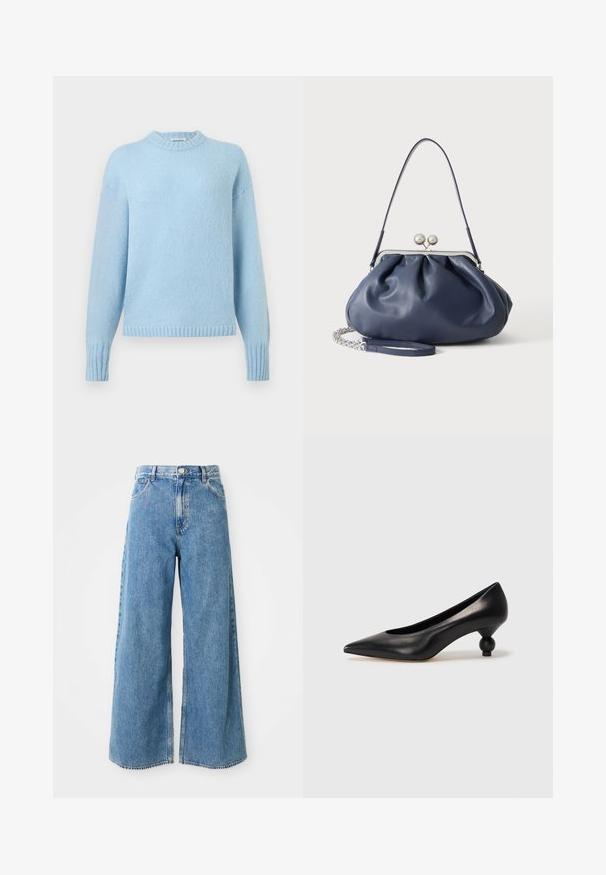 Pull bleu clair en maille avec manches longues, poignets côtelés, ourlet et col rond sur un fond uni.; Jean en denim léger bleu clair à taille haute, avec fermeture à boutons et à glissière à l'avant, et poches avant sur fond blanc.; Chaussure à talon haut en cuir noir avec un bout pointu et un talon arrondi. Texture lisse avec un design épuré et minimal.; Sac à main en cuir bleu marine doux avec fermeture à boucle argentée, une seule bandoulière, et une chaîne de poignet amovible sur fond blanc.