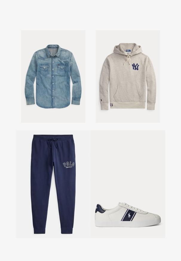 Grijze katoenen hoodie met een voorzak, verstelbare trekkoordkap, geborduurd blauw NY-logo en geribbelde boorden en zoom.; Lichtblauwe denimshirt met een puntkraag, lange mouwen, twee borstzakken en drukknoopsluitingen. Klassiek westernstijl ontwerp.; Marineblauwe katoenen joggers met elastische tailleband en verstelbare trekkoord. Voorzien van een geborduurd "POLO"-logo in het wit op de linkerdij.; Witte lage sneaker met een donkerblauwe streep en logo aan de zijkant en donkerblauwe hieltab, platte witte zool en witte veters.