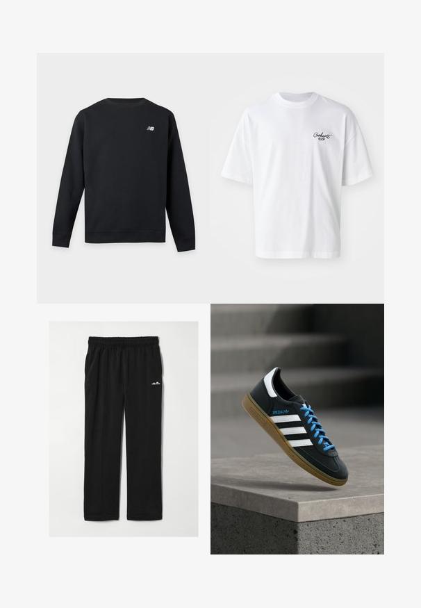 Sweat-shirt noir à manches longues avec col rond et petit logo blanc New Balance sur le côté gauche de la poitrine sur un fond clair uni.; T-shirt en coton blanc avec un col rond et des manches courtes. Présente un logo en script noir sur la poitrine gauche. Coupe décontractée avec des coutures latérales.; Pantalon décontracté noir avec taille élastique et petit logo blanc ellesse sur la partie supérieure gauche de la cuisse, présenté à plat sur fond blanc.; Baskets Adidas noires avec des rayures blanches, des lacets bleus et une semelle en gomme flottant au-dessus d'une marche en béton grise sous une lumière douce.
