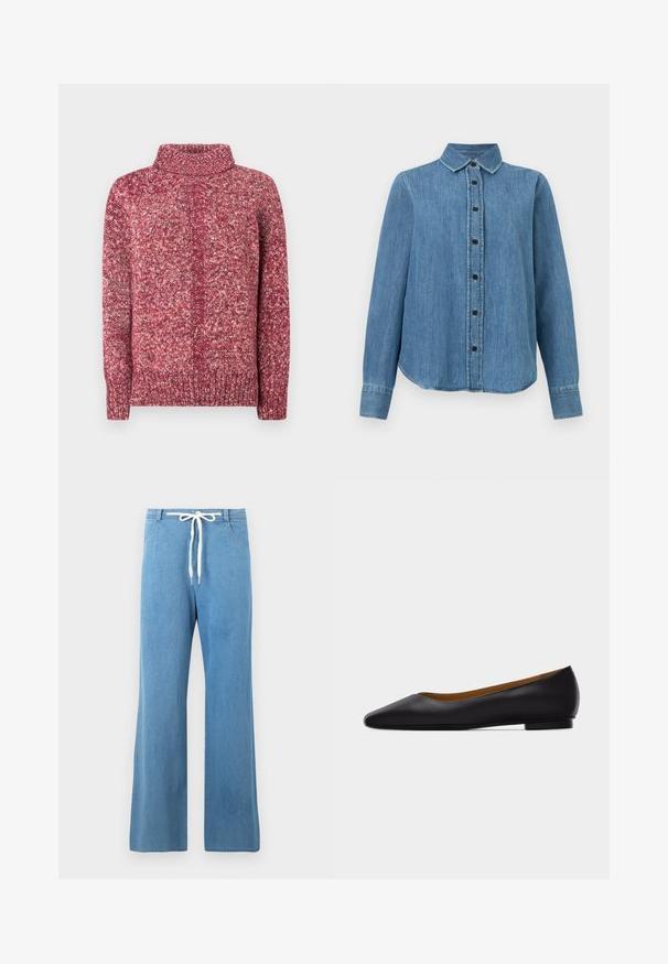 Pull à col roulé en maille dans des tons de rose et de bordeaux. Présente un motif texturé ainsi qu'un ourlet et des poignets côtelés. Tissu doux de poids moyen.; Chemise en denim bleu à manches longues avec col et boutons noirs, ourlet légèrement arrondi, posée à plat sur un fond blanc.; Pantalon en denim bleu clair à jambes larges avec poches avant et cordon de serrage blanc à la taille.; Chaussure plate en cuir noir à bout pointu avec talon bas et finition lisse, vue de côté sur un fond gris clair.