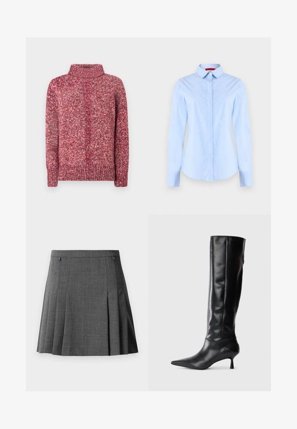 Strikket rullekrave sweater i nuancer af rosa og bordeaux. Har et tekstureret mønster samt ribbet kant og ærmekanter. Blødt, mellemvægt stof.; Lyseblå langærmet skjorte med knapper og diskrete lodrette striber samt spids krave, vist mod en ensfarvet baggrund.; Grå plisseret nederdel med en tætsiddende talje, lavet af et glat, medium-vægt stof.; Sorte læder knæhøje støvler med spids tå og slank buet hæl. Glat tekstur, tætsiddende design og ingen synlig hardware eller mønstre.