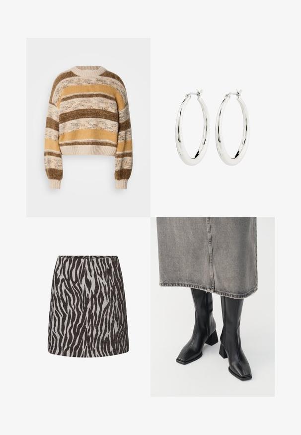 Chunky striktrøje med horisontale striber i beige, sennepsgul og brun, med ribkantede manchetter og kant.; Mini nederdel med sort og grå zebra mønster, lige snit og en skjult lynlås bagpå.; Sorte knæhøje støvler i glat læder med firkantet tå og blokeret hæl. Båret med en grå denimnederdel med flosset kant.; Sølvøreringe i form af hoops med en glat, blank finish. Cirkulær form, der har en sikker lås. Simpelt og elegant design.