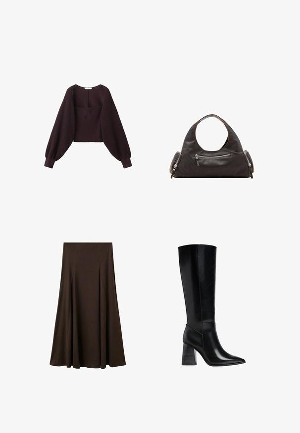 Mørkebrun strikket sweater med brede, lange ballonærmer og tætsiddende ribstrikket krop, med en bred firkantet halsudskæring.; Brun, gulvlængde nederdel lavet af blødt, glat stof. Har subtile plisseringer, et simpelt design og en elastisk talje for komfort.; Sorte knæhøje støvler lavet af glat læder, med spids tå og en blokhælc med lodrette striber. Minimalistisk design.; Sort læderhåndtaske med et rundt øverste håndtag, to sidelommer med lynlåse og glat tekstur. Let slap design.