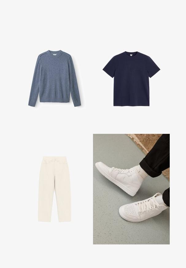 Gabba TOKOTA AICO - Jersey de punto - vintage indigo; Camiseta de algodón azul marino de manga corta con cuello redondo, tendida sobre un fondo blanco.; Pantalones beige de tiro alto y pierna recta con cierre frontal de botones, trabillas para cinturón, dos bolsillos delanteros y dos traseros.; Zapatillas altas blancas hechas de cuero suave con puntera perforada, cierre de cordones y sutil detalle del logo en el lateral. Suela de goma texturizada.