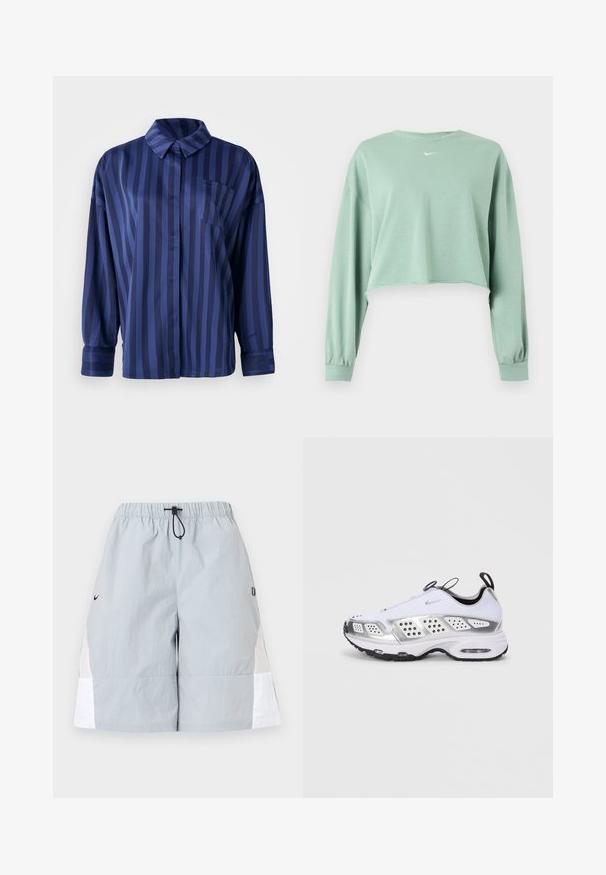 Lichtgroene cropped trui met lange mouwen, elastische manchetten en klein wit Nike-logo gecentreerd onder de halslijn.; Marineblauw gestreepte shirt met kraag, borstzak en lange mouwen. Gemaakt van een gladde, glanzende stof met een losse pasvorm.; Lichtgrijze sportshorts met witte zijpanelen, een elastische tailleband en een zwarte aantrekkoordlus, weergegeven op een effen achtergrond.; Witte sportieve schoen met zilveren accenten, bovenwerk van mesh en synthetisch materiaal, luchtkussening, perforaties voor ademend vermogen en een rubberen outsole.
