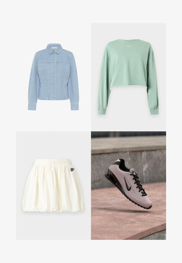 Lysegrøn cropped langærmet sweatshirt med elastiske manchetter og lille hvidt Nike-logo centreret under halsudskæringen.; Lyseblå denimjakke med spidse kraver, frontknaplukning, lange ærmer og lodrette sømdetaljer. Glat tekstur.; Hvid Nike-nederdel med elastisk talje og subtil flæsekant, med lille sort Nike-logo på højre side.; Lyserød og sort Nike-sneaker med blank sort sål, sorte snørebånd og logo, svævende over en betonflade og væg som baggrund.