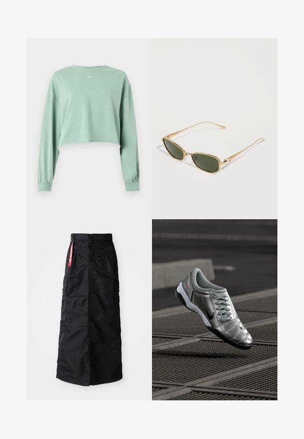 Svetlo zelená cropovaná mikina s dlhým rukávom, elastickými manžetami a malým bielym logom Nike umiestneným pod výstrihom v strede.; Čierna dlhá sukňa s predným gombíkom a zipsom, bočnými cargo vreckami a červeným textilným štítkom "Remove Before Flight" na páse.; Strieborná Nike obuv s hladkým povrchom, s viazacím dizajnom a čiernou podrážkou. Textúrovaný zvršok s jemnými akcentmi a logom.; Obdĺžnikové slnečné okuliare so zlatým rámom, zelenými šošovkami a malými ozdobnými kryštálmi na straniciach, ktoré ležia na bielom povrchu.