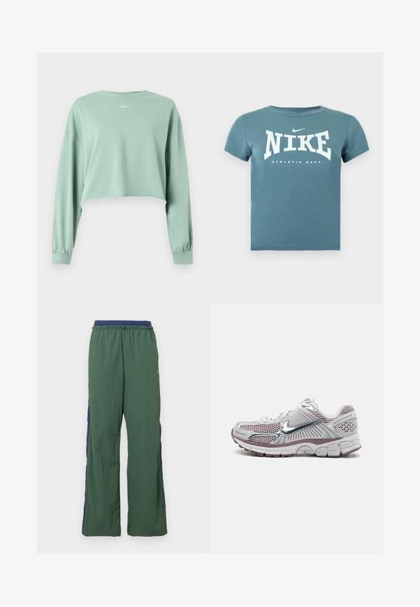Lysegrøn cropped langærmet sweatshirt med elastiske manchetter og lille hvidt Nike-logo centreret under halsudskæringen.; Kortærmet Nike t-shirt i teal med hvid "NIKE ATHLETIC DEPT." tekst og lille swoosh-logo på brystet, vist mod en ensfarvet baggrund.; Grønne atletikbukser med bred benstil, der har en marineblå linning og sidelæg, lavet af let, tekstureret stof.; Nike atletik sko med en hvid mesh-overdel med sølvaccenter, pink detaljer og en tyk, polstret, struktureret sål.