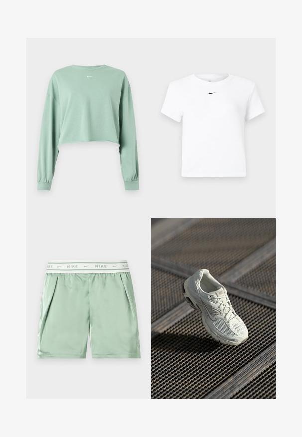 Sweat-shirt court à manches longues vert clair avec poignets élastiques et petit logo Nike blanc centré sous l'encolure.; T-shirt court blanc à manches courtes de Nike avec un petit logo noir Nike swoosh centré sous l'encolure.; Short de sport Nike vert clair avec une ceinture élastique blanche affichant des logos Nike répétés et des poches latérales.; Baskets de course Nike blanches avec une tige en maille et synthétique reposant sur un revêtement de sol en grille métallique, sous une lumière naturelle douce.