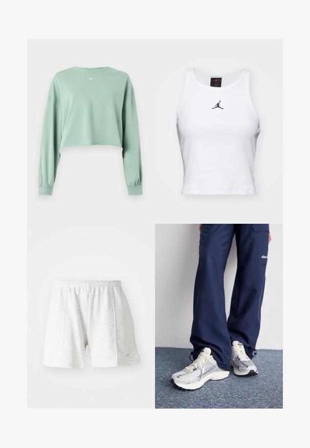 Lysegrøn cropped langærmet sweatshirt med elastiske manchetter og lille hvidt Nike-logo centreret under halsudskæringen.; Hvid cropped tanktop lavet af bomuld med ribbet tekstur. Har et sort Jordan-logo i midten og en klassisk rund halsudskæring.; Grå atletiske shorts lavet af letvægtsstof, med elastisk talje, synede accenter og et lille logo på nederste venstre side.; Nike sportssko med en sølvfarvet mesh-overdel, hvide detaljer og strukturerede såler, parret med løstsiddende navy bukser.