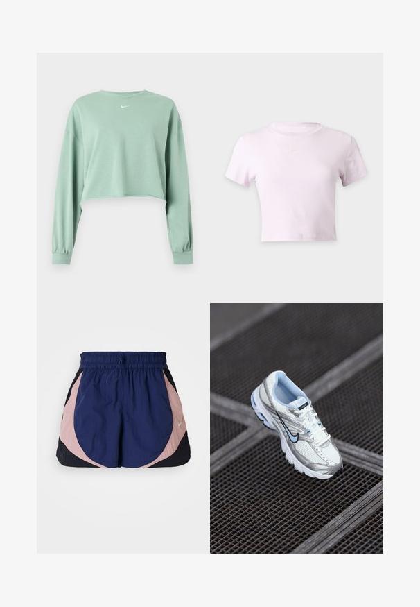 Lichtgroene cropped trui met lange mouwen, elastische manchetten en klein wit Nike-logo gecentreerd onder de halslijn.; Lichtroze cropped Nike t-shirt met korte mouwen en een klein wit Nike swoosh-logo, gecentreerd onder de halslijn.; Nike sportshorts met een elastische tailleband, voorzien van marineblauwe, roze en zwarte panelen. Gemaakt van lichtgewicht, textuurstof.; Witte mesh sport schoen met zilveren accenten, lichtblauwe stiksels en een zwart swoosh-logo. Heeft een gevoerde kraag en een gestructureerde zool.