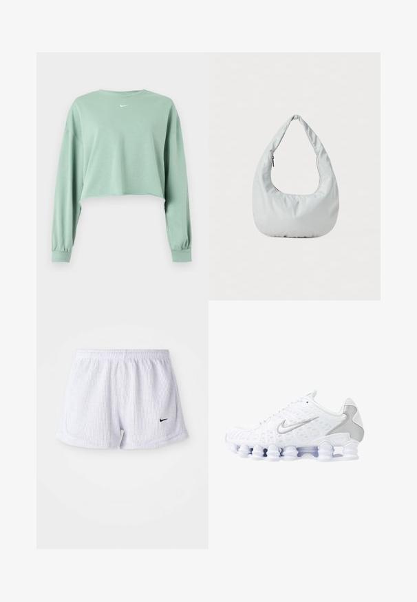 Svetlo zelená cropovaná mikina s dlhým rukávom, elastickými manžetami a malým bielym logom Nike umiestneným pod výstrihom v strede.; Biele, rebrované športové šortky s elastickým pásom a malým čiernym logom Nike na dolnej ľavej strane. Jednoduchý, minimalistický dizajn.; Biele športové topánky s jemnou sieťovinou na hornej časti, striebornými detailmi a jedinečným dizajnom podpätka v tvare cievky. Majú polstrovaný golier a šnurovanie pre lepšie udržanie na nohe.; Mäkká, svetlošedá hobo taška vyrobená z syntetického materiálu. Obsahuje jeden polstrovaný popruh a bočné vrecko so zipsom.