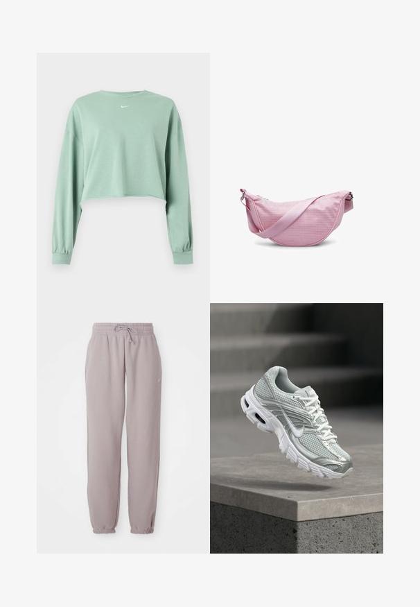 Lichtgroene cropped trui met lange mouwen, elastische manchetten en klein wit Nike-logo gecentreerd onder de halslijn.; Licht paarse fleece joggingbroek met elastische tailleband, trekkoord, zijzakken en elastische boorden, plat weergegeven tegen een witte achtergrond.; Lichtgrijze en witte Nike hardloopschoen met mesh stof en dikke zool, zwevend boven een betonnen richel tegen een vervaagde trapachtergrond.; Roze netstructuur schoudertas met een gebogen vorm, voorzien van een soepele schouderband en een ritssluiting. De gestructureerde stof verhoogt de ademend vermogen.