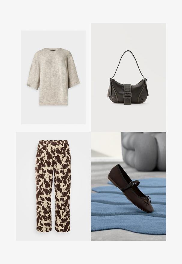 Lysegrå strikket sweater med trekvartlange ærmer og rund halsudskæring på en ensfarvet baggrund.; Brune og creme mønstrede sweatpants med elastisk talje og lige ben-design, fremstillet af blødt, let stof.; Mørkebrun Mary Jane-flad sko med spænde og sløjfedetalje, der hviler på en bølget blå tekstureret tæppe med grå polstret sofa i baggrunden.; Sort læder skuldertaske med spænde på remmen, afrundede kanter og kontrasterende hvide syninger på en ensfarvet baggrund.
