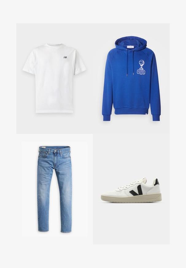 Blauwe hoodie met een vooraanstaand graphic van een trofee en basketbal, met trekkoorden en ribgebreide manchetten en zoom. Zacht materiaal en een ontspannen pasvorm.; Witte T-shirt met korte mouwen en ronde hals met een klein zwart New Balance-logo op de linker bovenkant van de borst op een effen lichte achtergrond.; Lichtblauwe denim jeans met een rechte pasvorm, vijf-pocketontwerp, metalen knoopsluiting en subtiele vervaging aan de voorkant voor textuur.; Witte leren sneaker met zwart V-logo, geperforeerde teen, crèmekleurige rubberen zool, platte vetersluiting en minimalistisch design.