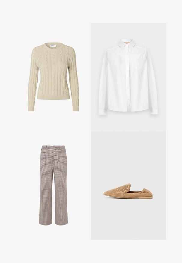 Kremfarvet kabelstrikket sweater med lange ærmer og ribbet kant ved ærmer, bund og halsudskæring, med diskret broderi på brystet.; Hvid langærmet skjorte med knapper, krave og brystlomme, vist mod en ensartet lys baggrund.; Tjekkede bukser i beige, rød og marineblå. Bred ben-design med skræddersyet talje og plisseringer, der har en tekstureret stoffinish.; Tanfarvet ruskind slip-on sko med spids tå, pyntet med små, klare nitter foran. Glat tekstur og sål med lav profil.