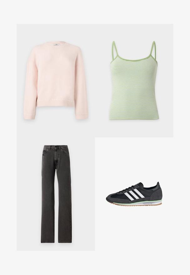 Weiches, rosa Langarm-Pullover mit rundem Ausschnitt und dezent geripptem Saum und Bündchen, dargestellt vor einem schlichten hellgrauen Hintergrund.; Grün-weiß gestreiftes Tanktop mit dünnen Schulterträgern auf weißem Hintergrund.; Schwarze gerade Jeans mit frontalen Taschen, Gürtelschlaufen, Knopfverschluss und sichtbaren Nähten auf einem weißen Hintergrund.; Schwarze und graue Sneaker mit einem Obermaterial aus Wildleder und Mesh, die drei weiße Streifen, eine Gummisohle und einen grünen Akzent auf der Zwischensohle aufweisen.