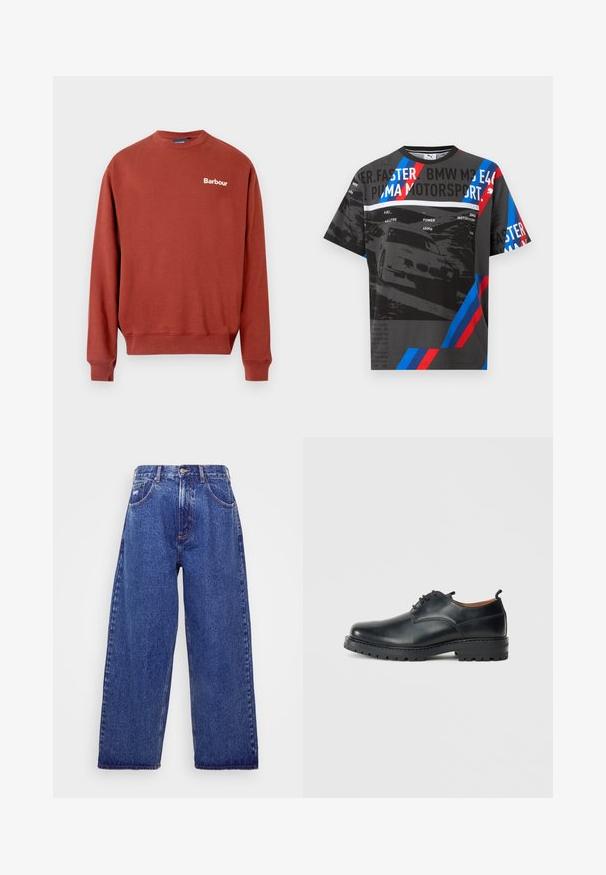 Maalähedane punane puuvillane kampsun, millel on ümar kaelus, soonikkoesed ja vasakul rinnal valge "Barbour" logo.; Must Puma Motorsporti T-särk siniste ja punaste triipudega, BMW M3 E46 auto trükk ning tekst, mis rõhutab 450 hj võimsust ja 4,0-liitrist kütust.; Laiad sinised denim püksid kõrge vöökohaga, viie tasku, nupukinnitusega ja õrna pleekimisega tekstuuri jaoks.; Mustad nahast derby kingad, millel on sile tekstuur, ümar varvas, nööpidega sulgemine ja paks, tugev kummist tald.