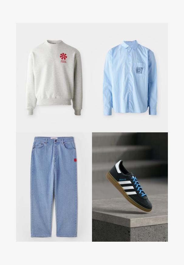 Sudadera de color gris claro con puños y dobladillo de canalé. Presenta un logo gráfico rojo en el área del pecho izquierdo. Fabricada en tejido suave.; Camisa de botón de rayas azul claro con mangas largas, que presenta un bolsillo en el pecho con "OBEY" bordado en letras negras en negrita.; Jeans de denim azul claro con un patrón sutil, pierna recta, cinco bolsillos y una etiqueta roja en el bolsillo izquierdo.; Zapatilla negra Adidas con franjas blancas, cordones azules y suela de goma flotando sobre un escalón de hormigón gris con luz suave.