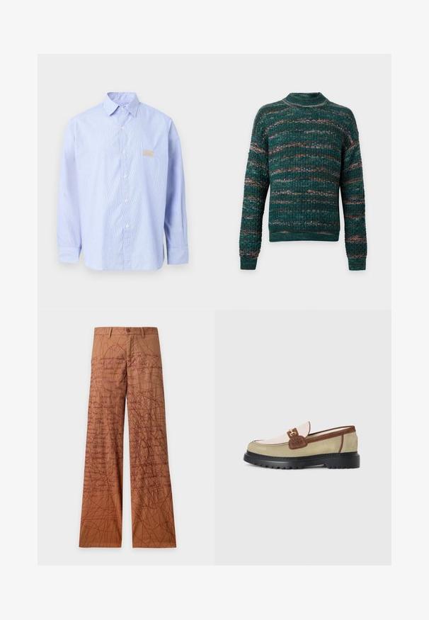 Pull en maille texturée verte à manches longues avec des motifs horizontaux multicolores, présenté sur fond gris clair uni.; Chemise bleu clair à manches longues, boutonnée, avec col et petite pièce brodée beige sur la poitrine, présentée sur un fond uni.; Pantalon droit marron avec un motif de griffonnages et de texte manuscrit en rouge foncé sur tout le tissu.; Loafer avec des panneaux en suède beige, rose clair et marron, accent en boucle en métal doré et semelle épaisse en caoutchouc noir avec un motif de crans.
