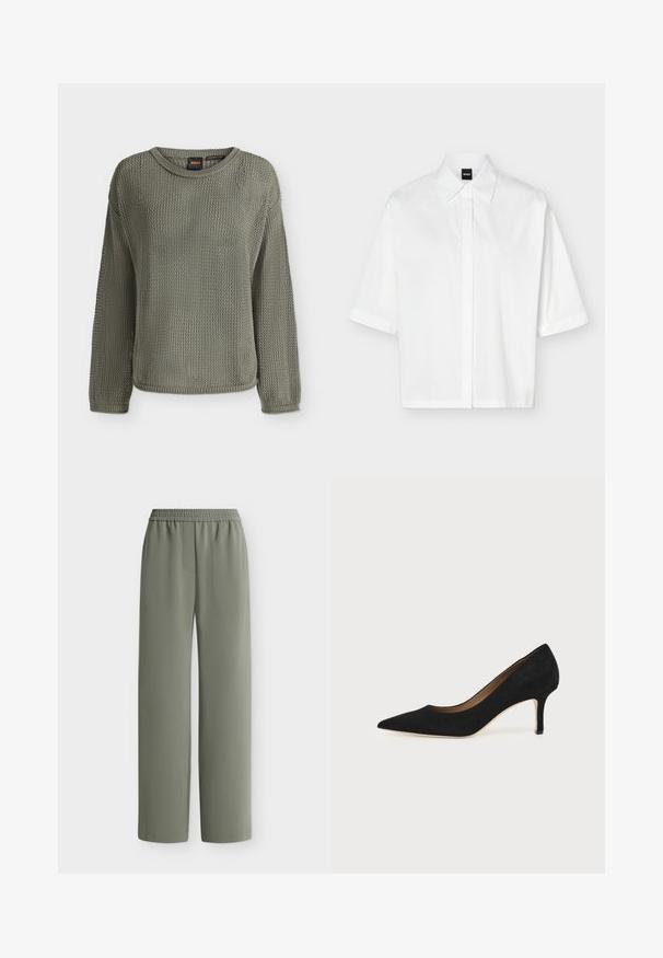 Pull tricoté vert olive à manches longues avec un col rond et un motif en maille texturée, présenté sur fond blanc uni.; Chemise blanche à manches courtes avec col et patte de boutonnage dissimulée, avec une étiquette de marque noire "BOSS" à l'intérieur du col.; Pantalon ample vert olive avec taille élastique et tissu lisse, montré à plat sur fond blanc.; Escarpin en daim noir à bout pointu avec un talon stiletto fin de hauteur moyenne et un design à coupe basse sur un fond uni.