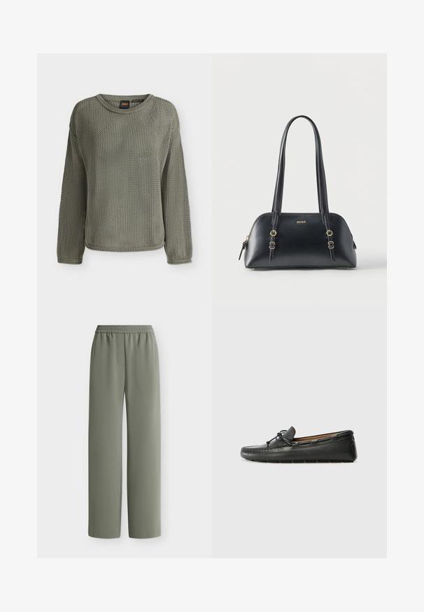 Pull tricoté vert olive à manches longues avec un col rond et un motif en maille texturée, présenté sur fond blanc uni.; Pantalon ample vert olive avec taille élastique et tissu lisse, montré à plat sur fond blanc.; Bateau en cuir noir avec un bout arrondi, des détails de couture, un petit accent en nœud et une semelle en caoutchouc. Texture lisse et design épuré.; Sac à main en cuir noir avec accents dorés, double bandoulière et logo "HUGO" à l'avant, sur un fond blanc uni.