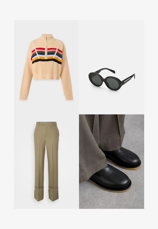 Beige knitted cropped sweater with colorful horizontal stripes across the chest and a short front zipper at the high collar.; BITE Studios TAILORED FOLD UP TROUSER - Trousers - green; Black leather shoes with a rounded toe, flat sole, and contrasting light brown outsole, paired with loose gray trousers.; Emporio Armani Sunglasses - shiny black