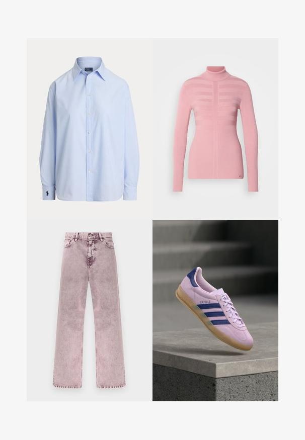 Vaaleanpunainen korkea kaulussvete, jossa on ribatettu pinta, etupuolella vaakasuuntaisia raidoituskuvioita ja slim fit -pitkät hihat.; Vaaleansininen pitkähihainen nappipaita, jossa on terävä kaulus ja vasemmassa kalvosimessa kirjailtu logo, esitetty valkoisella taustalla.; Vyötäröltä korkeavyötäröiset, leveälahkeiset farkut haalistuneessa vaaleanpunaisessa, joissa on edessä nappi ja vetoketjusuljenta, vyölenkit sekä etu- ja takataskut.; Vaaleanvioletti Adidas Gazelle -lenkkari, jossa tummansinisiä raitoja ja kantalenkki, kumipohja, leijuu kivisen reunuksen yläpuolella, taustalla sumeita portaita.