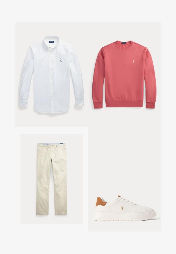 Trui met lange mouwen en ronde hals in koraalroze met klein wit Polo Ralph Lauren-logo op de linkerborst.; Wit overhemd met lange mouwen en knopen, met kraag, Polo Ralph Lauren-logo geborduurd op de linkerborst.; Beige katoenen broek met rechte pijpen, riemlussen, voorste knoop, ritssluiting en zijzakken.; Witte lage sneaker met beige hieltab, witte veters en klein geborduurd polo spelerlogo aan de zijkant boven een dikke zool.