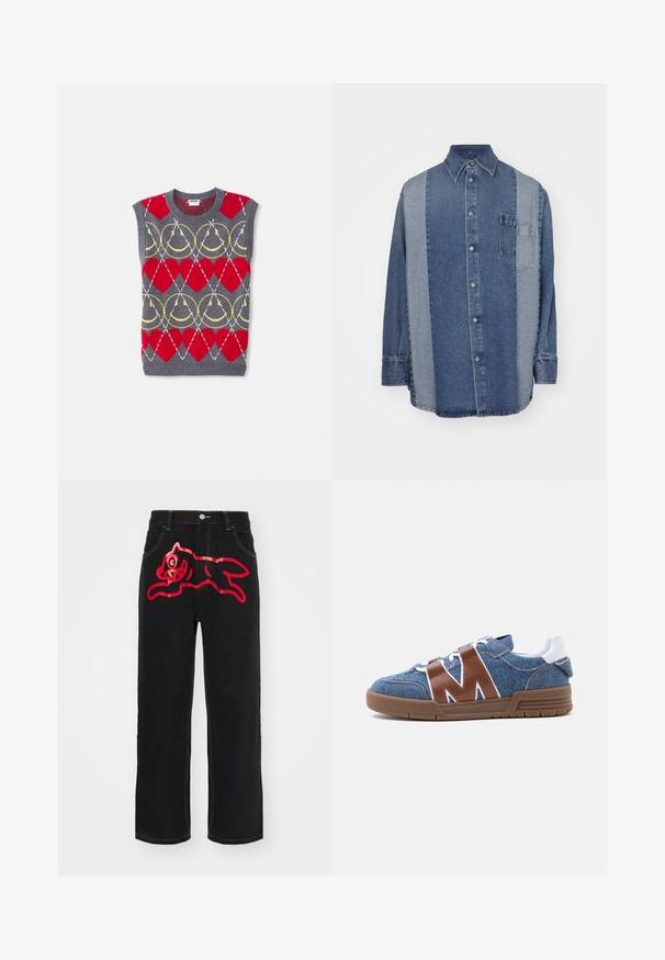 Pull sans manches en tricot gris avec des cœurs rouges, des chaînes jaunes et des lignes blanches en diagonale dans un motif répétitif, étiqueté Moschino.; Chemise en denim avec un design bicolore comportant des sections bleu foncé et bleu clair, avec un devant à boutons, un col et une poche poitrine.; Jeans en denim noir avec un grand graphique rouge d'un chat sautant sur la poche arrière, accentués par des coutures jaunes contrastées le long des coutures.; Basket en denim bleu avec des sangles en cuir marron en forme de M, lacets blancs, languette blanche au talon et semelle en caoutchouc marron vue de côté.