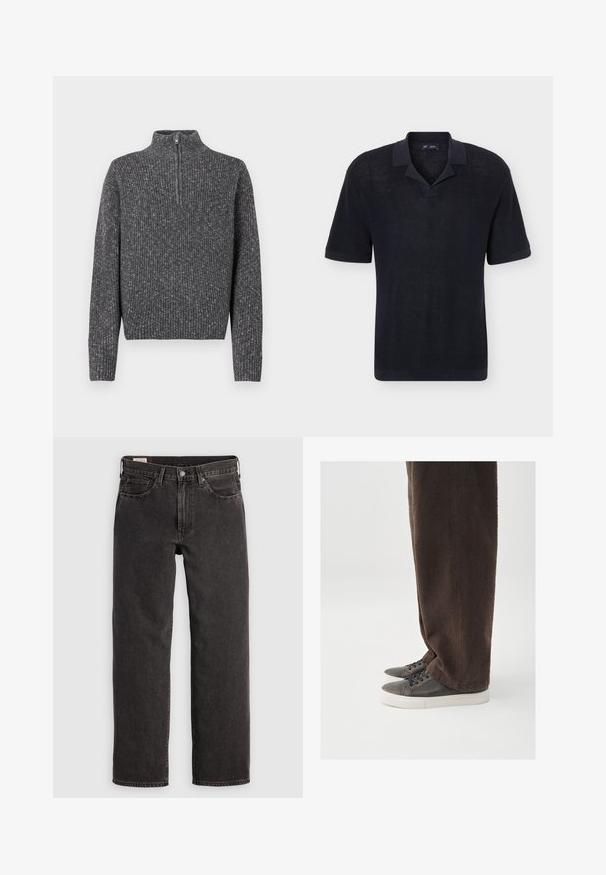 Donkergrijze geribbelde gebreide trui met lange mouwen en een korte rits aan de voorkant van een hoge kraag.; Zwart gebreid poloshirt met korte mouwen, een zachte kraag en een lichte V-hals, weergegeven op een effen lichte achtergrond.; Zwarte denim jeans met een rechte pijpontwerp, vijf zakken en metalen accenten. De stof heeft een lichte textuur en een effen kleurafwerking.; Donkerbruine textuur broek gecombineerd met grijze sneakers met een glad leren bovenwerk, ronde neus en witte rubberen zool.