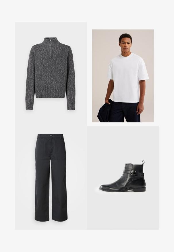 Mørkegrå ribstrikket sweater med lange ærmer og en kort frontlynlås på en høj krave.; Ung mand iført en ensfarvet hvid T-shirt med korte ærmer og mørke bukser, der holder en mørk jakke i venstre hånd mod en ensfarvet baggrund.; Bukser med vide ben i mørkeblåt bomuldsstof, der har forlommer foran og lukning med knap. Glat tekstur med et minimalistisk design.; Sorte læder ankelstøvler med rund tå, sidespænde detaljer og en løkkerings på hælen. Flad sål med en subtil glansfinish.