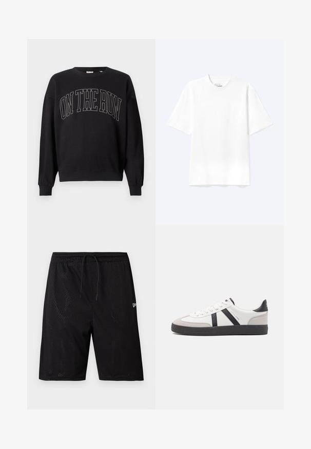 Schwarzer Rundhalsausschnitt-Sweatshirt mit dem Text "ON THE RUN" in großen, umrandeten Großbuchstaben, der auf der Vorderseite zentriert ist.; Schlichtes weißes T-Shirt mit kurzen Ärmeln und Rundhalsausschnitt in entspannter Passform, auf hellem Hintergrund dargestellt.; Schwarze Mesh-Sportshorts mit einem elastischen Bund und Kordelzug, ausgestattet mit einer perforierten Textur und einem kleinen weißen Logo auf der unteren rechten Seite.; Weiße Sneaker mit schwarz- und grau-aczenten, ausgestattet mit einer strukturierten grauen Zehenkappe, schwarzer Gummi-Sohle und flachen weißen Schnürsenkeln. Sauberes Design, minimalistische Stil.