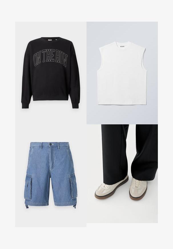 Sweatshirt noir à col rond avec le texte "ON THE RUN" en grandes lettres majuscules contourées, centré sur le devant.; Haut blanc sans manches en coton à col rond avec épaules structurées, marqué "WEEKDAY" sur l'étiquette du col, présenté sur un fond gris clair.; Shorts cargo en denim bleu avec une fermeture à bouton, deux poches avant et deux grandes poches latérales à rabat. Comprend des cordons de serrage réglables à l'ourlet.; Pieds portant des baskets beige avec des semelles marron et un pantalon noir à jambes larges sur fond blanc.