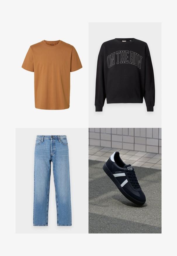 Sort crewneck sweatshirt med teksten "ON THE RUN" i store, omridsede versaler centreret foran.; Enkelt brun kortærmet bomulds-T-shirt med rund hals og almindelig pasform, mærket "Selected Homme" inde i kraven.; Lyseblå denimjeans med lige ben, der har en knap- og lynlås lukning, fem lomme-stil og subtilt slid.; Sort lædersneaker med hvide striber, tekstureret gummisål og snørrebånd foran. Har et brandet mærke på tungen.