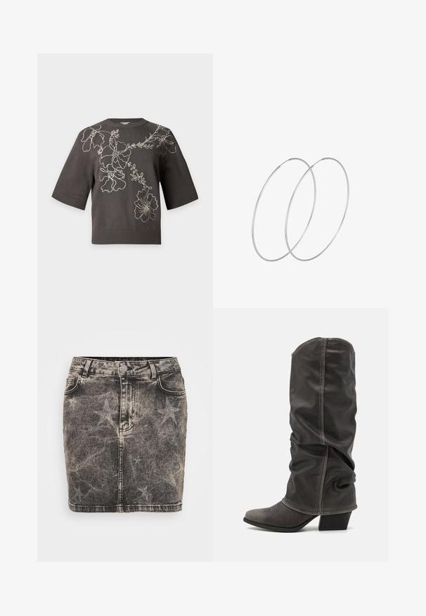 Jersey de manga corta gris oscuro con bordado de líneas florales blancas en la parte delantera y en las mangas superiores, con escote redondo.; Minifalda de mezclilla en negro con un patrón de estrellas desvanecido. Presenta una cintura alta, cinco bolsillos y costuras en contraste. Cierre clásico de botón.; Botas de cuero gris hasta la pantorrilla con un diseño holgado, punta afilada y tacón apilado. Detalle de costura notable en la zona de los dedos.; Pendientes de aro plateados con un diseño minimalista. Forma circular, textura suave y perfil delgado. Livianos con un acabado pulido.