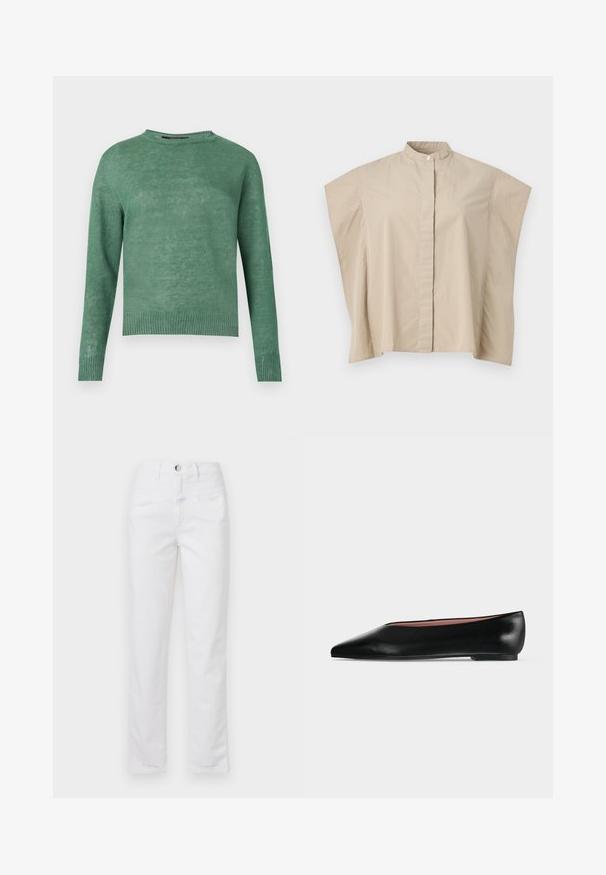 Pull vert à manches longues avec col rond, poignets et ourlet côtelés, fabriqué en tissu tricoté léger.; Chemise beige à manches courtes avec col mandarin, coupe carrée et patte de boutonnage cachée, présentée sur fond blanc.; Jeans en denim blanc avec un design à jambe droite, cinq poches et une fermeture à bouton à l'avant. Texture lisse avec des détails de couture subtils.; Chaussure plate en cuir noir pour femme, avec bout pointu et petit talon, vue de côté sur un fond gris clair uni.