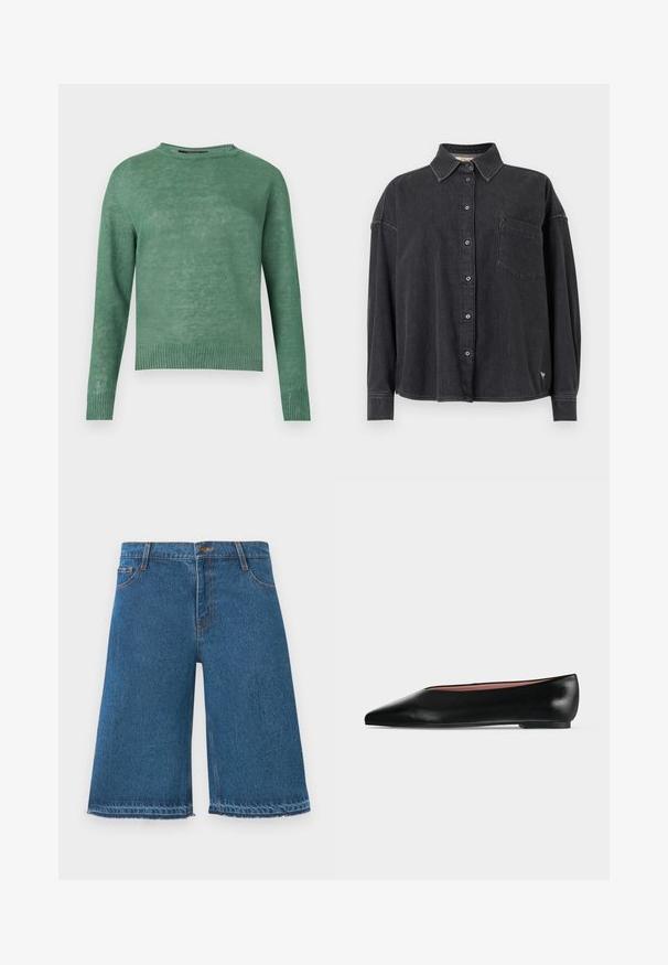 Pull vert à manches longues avec col rond, poignets et ourlet côtelés, fabriqué en tissu tricoté léger.; Chemise en denim noir avec un col boutonné, des manches longues et une poche poitrine unique. Présente une coupe décontractée et des détails de couture subtils.; Shorts en denim bleu au genou avec des bords effilochés, bouton avant et poches, sur fond blanc uni.; Chaussure plate en cuir noir pour femme, avec bout pointu et petit talon, vue de côté sur un fond gris clair uni.