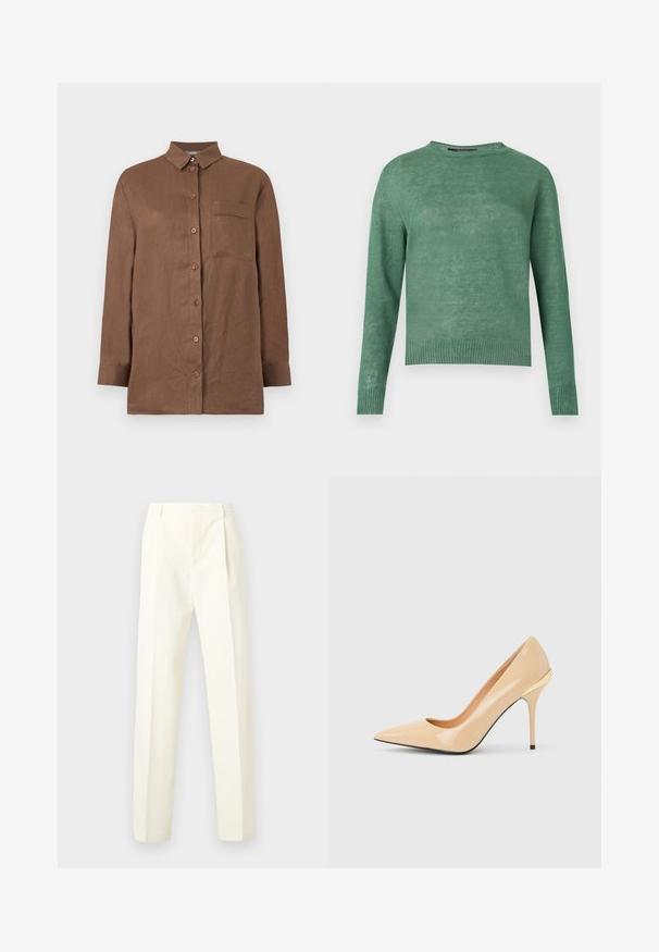 Pull vert à manches longues avec col rond, poignets et ourlet côtelés, fabriqué en tissu tricoté léger.; Chemise marron à manches longues avec boutons, col et une poche poitrine unique, en tissu texturé.; Pantalon pour homme en tissu crème clair, doté d'une taille haute, d'un devant plissé, d'une coupe droite, sans poches visibles ni détails métalliques.; Escarpin à talon haut en cuir verni beige avec bout pointu et talon aiguille fin, orné d'un petit accent doré à l'arrière.