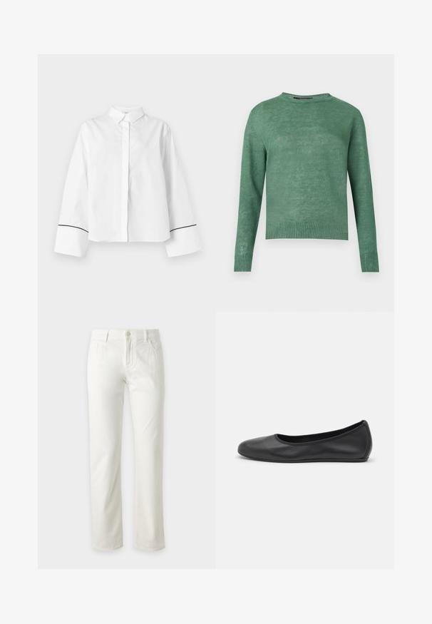Pull vert à manches longues avec col rond, poignets et ourlet côtelés, fabriqué en tissu tricoté léger.; Chemise blanche à manches longues boutonnée, col pointu, larges poignets avec fine bordure noire près des extrémités, devant uni et coupe décontractée.; Jean blanc à jambe droite avec fermeture devant par bouton et zip, passants de ceinture et poches avant, présenté sur un fond clair uni.; Ballerines en cuir noir avec un bout rond, texture lisse, détails de couture minimalistes et design de semelle flexible.