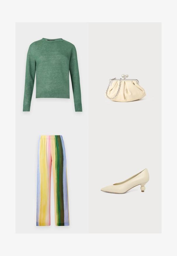 Pull vert à manches longues avec col rond, poignets et ourlet côtelés, fabriqué en tissu tricoté léger.; Pantalons larges avec une taille élastique, ornés de rayures verticales dans des couleurs pastel : jaune, rose, vert, bleu et violet clair. Texture lisse.; Chaussure femme couleur crème à bout pointu avec un petit talon rond en forme de boule, sur fond uni.; Pochette en cuir beige plissé avec un cadre en métal argenté, dotée de deux fermoirs ronds décoratifs et d'une chaîne en argent.