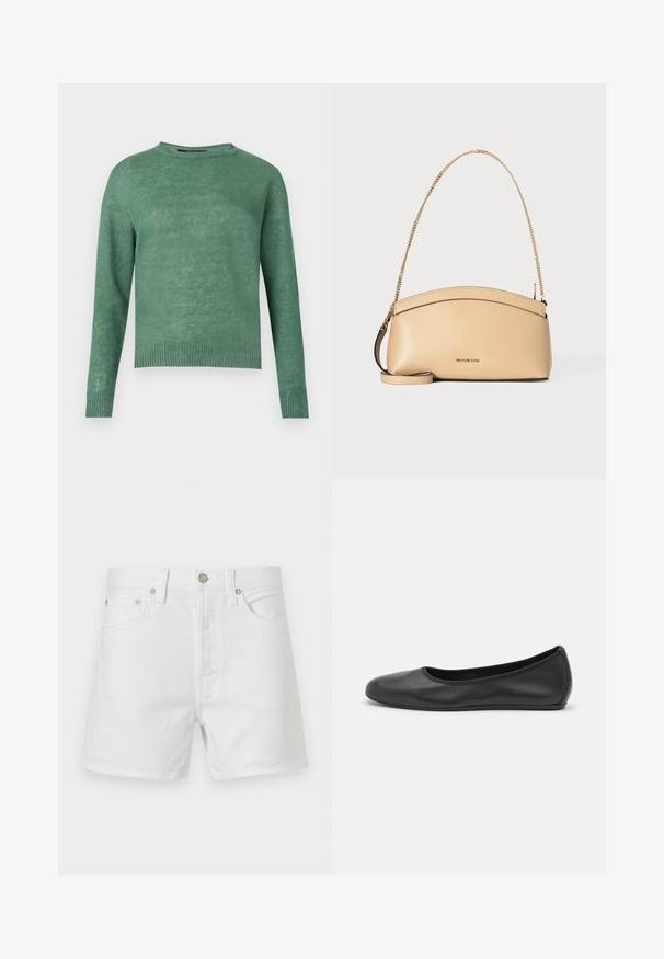 Pull vert à manches longues avec col rond, poignets et ourlet côtelés, fabriqué en tissu tricoté léger.; Short en denim blanc avec poches à l’avant, passants pour ceinture et fermeture par bouton métallique, présenté sur un fond uni.; Ballerines en cuir noir avec un bout rond, texture lisse, détails de couture minimalistes et design de semelle flexible.; Sac à main en cuir beige avec bord supérieur incurvé, bandoulière chaîne dorée et petit logo doré centré à l'avant.