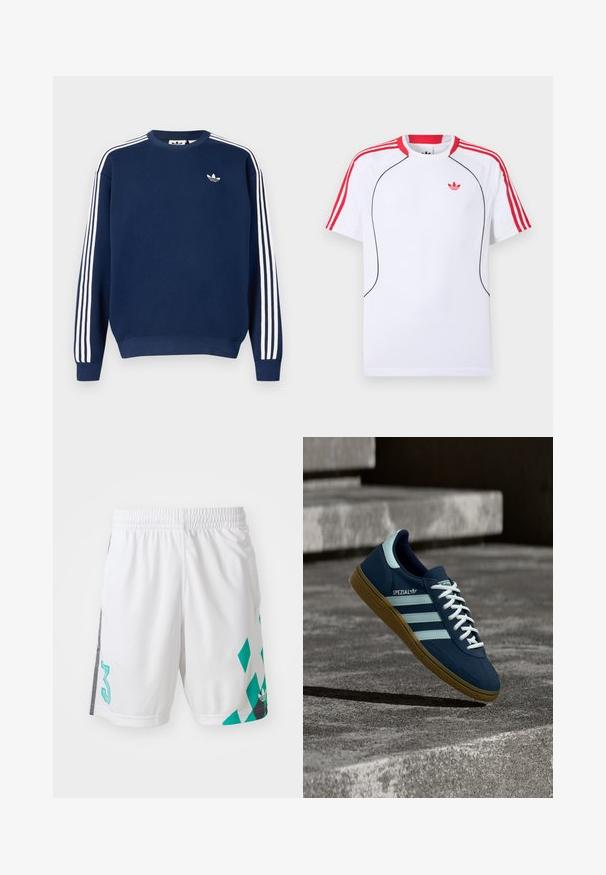 Sudadera azul marino de algodón, con detalles de tres rayas blancas en las mangas y un pequeño logo blanco en el pecho.; Camiseta deportiva blanca de manga corta con rayas rojas en los hombros y las mangas, ribete negro en la parte delantera y logo trebol rojo de Adidas en el pecho.; Shorts deportivos blancos con cintura elástica, que presentan un patrón geométrico en color azul verdoso y detalles en negro en los laterales. Incluye el número "3" grande.; Zapatilla azul Adidas Spezial con rayas y cordones blancos, suela de goma, flotando sobre una superficie de hormigón rugosa y escaleras de fondo.