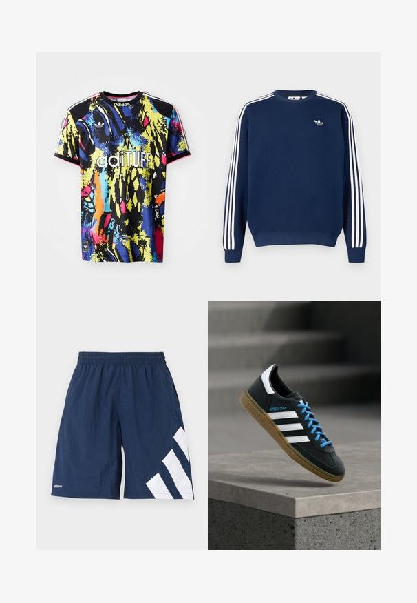 Marineblauwe sweatshirt gemaakt van katoen, met witte drie-strepen accenten op de mouwen en een klein wit logo op de borst.; Multikleurige adidas sporttrui met een levendig abstract patroon, korte mouwen, ronde hals en het "adituff" logo op de voorkant.; Navyblauwe sportbroek met elastische tailleband en grote witte diagonale strepen op het rechterbeen, klein logo op de zoom van het linkerbeen.; Zwarte Adidas-sneaker met witte strepen, blauwe veters en een gumzool die boven een grijze betonnen trede zweeft in zacht licht.