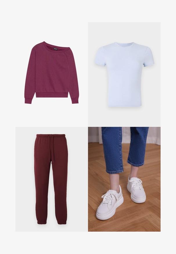 Sudadera magenta con hombros al aire y mangas largas, puños y dobladillo acanalados. Hecha de una tela suave, cuenta con un corte relajado y una textura lisa.; Good American SUPER STRETCH BABY TEE - Camiseta básica - periwinkle; Pantalones de chándal burdeos con cintura elástica, cordón, bolsillos laterales y puños elásticos sobre un fondo blanco liso.; Piernas con vaqueros azules recortados y zapatillas blancas con cordones y plataforma, de pie sobre un suelo de madera clara.