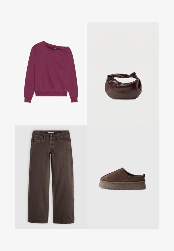 Sweatshirt magenta à épaules dénudées avec des manches longues, des poignets et un ourlet côtelés. Fabriqué en tissu doux, il présente une coupe décontractée et une texture lisse.; Jean droit marron avec poches avant, petite poche pour pièces, passants de ceinture et fermeture à double bouton à la taille.; Chausson en daim marron à enfiler avec semelle en caoutchouc épaisse, dos bas et détails brodés, présenté sur fond gris clair.; Sac bandoulière en cuir marron foncé avec une forme souple et décontractée et une anse nouée torsadée sur un fond blanc uni.