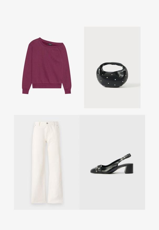 Magenta off-shoulder sweatshirt met lange mouwen, geribbelde manchetten en zoom. Gemaakt van zachte stof, met een ontspannen pasvorm en een gladde textuur.; Witte wijde spijkerbroek van denim, met een sluiting met vooraan een knoop, vijf zakken en een gladde textuur zonder zichtbare patronen.; Zwart leren slingback hak met een spitse neus, eenTextuur strap met cirkelvormige metalen accenten en een gestapelde blokhak.; Zwarte leren handtas met een afgeronde vorm, versierd met zilveren studs, en een korte handgreep. Gladde textuur en ritsluiting.