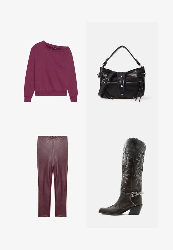 Magenta cropped mikina bez ramienok s dlhými rukávmi, rebrovanými manžetami a lemom. Vyrobená z jemného materiálu, s voľným strihom a hladkou textúrou.; Burgundské legíny z faux kože s hladkou textúrou, vysokým pásom a priliehajúcim strihom, ktoré siahajú po členky bez ďalších detailov.; Čierna kožená kovbojská čižma s dekoratívnymi výrezmi, striebornou prackou a šikmým podpätkom, zobrazovaná na bielom pozadí.; Even&Odd H24462 - Kabelka - black